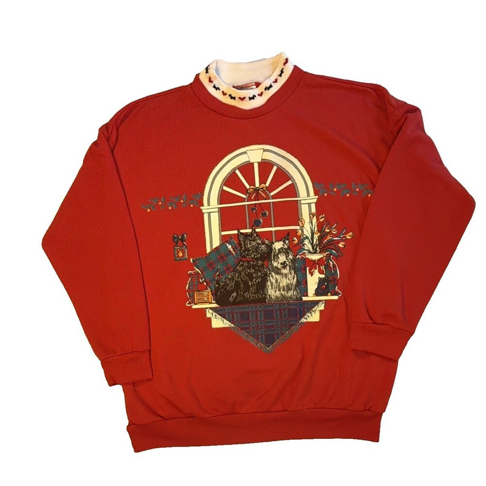 Vintage Women Act III Scottie Scottish Terriers Mock Collar Sweatshirt Red Med